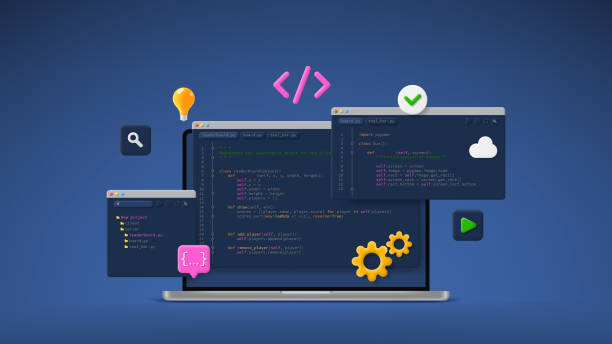 concept of computer programming or developing software or game - 定制開(kāi)發(fā)軟件 幅插畫(huà)檔、美工圖案、卡通及圖標(biāo)