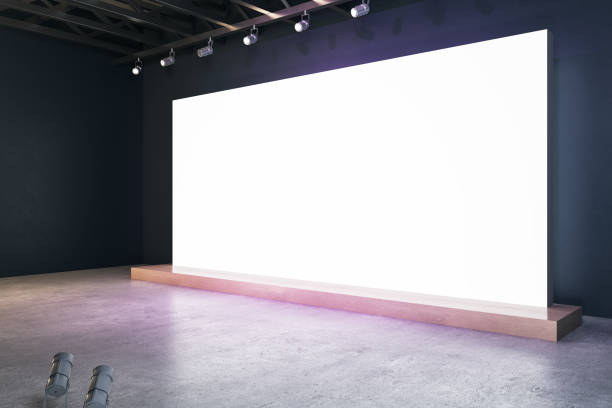 illuminated blank white billboard in interior with concrete flooring and mock up place for your advertisement. 3d rendering. - 數(shù)字展廳 個照片及圖片檔