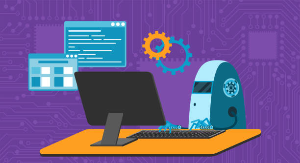 automated work of software, business project development, robot using keyboard at table - 系統(tǒng)軟件開發(fā) 幅插畫檔、美工圖案、卡通及圖標(biāo)